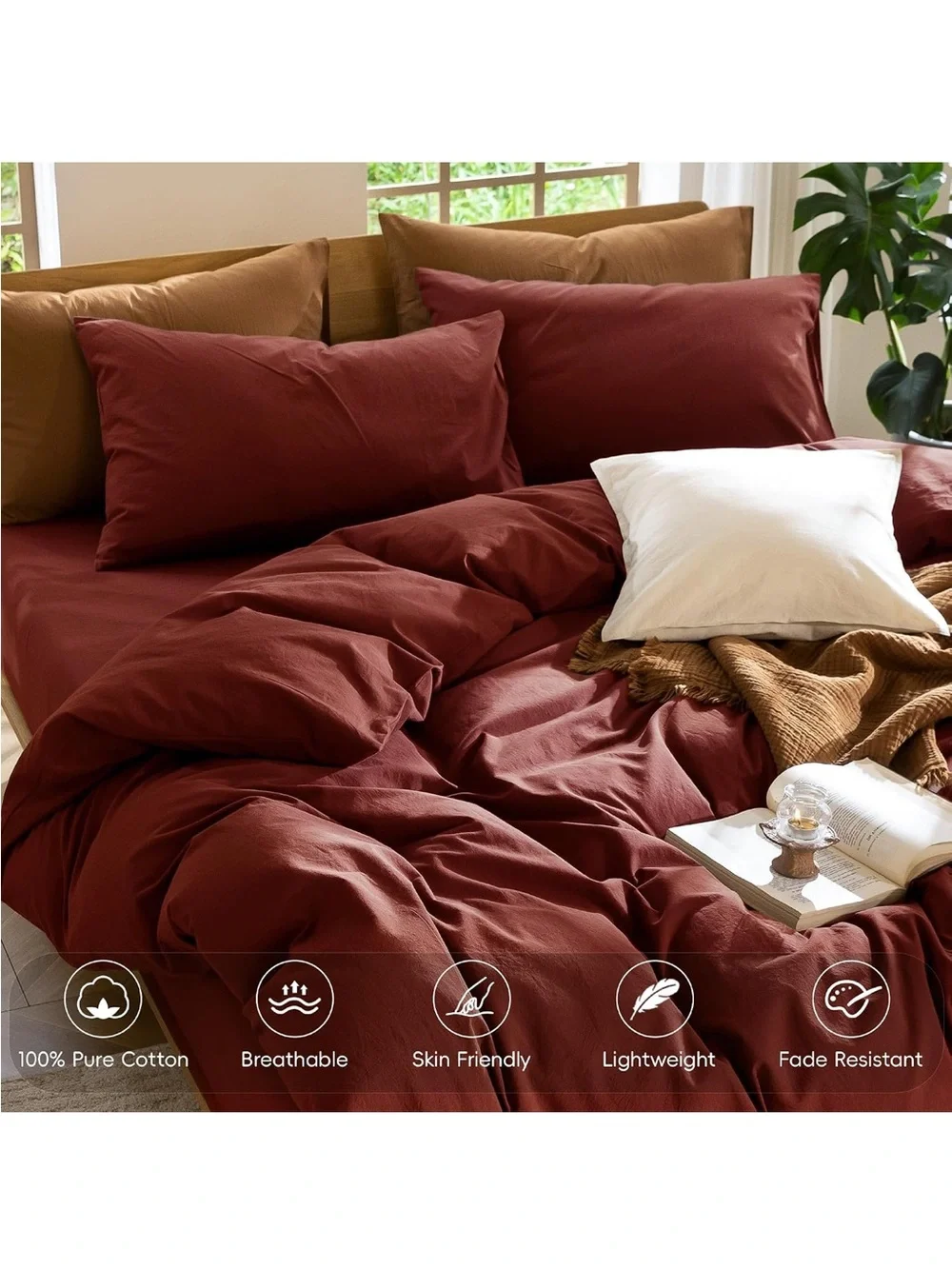 NEW MooMee 100% Washed Cotton Duvet Cover Set. Linen Like Texture, Rusty red
